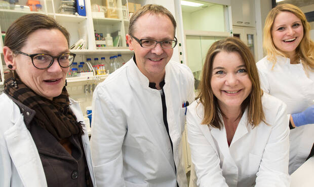 Franka Eckardt, Dr. Reinhard Bauer, Melanie Thielisch und Mariangela Sociale vom LIMES-Institut (Life & Medical Sciences) der Universität Bonn. © Barbara Frommann/Uni Bonn