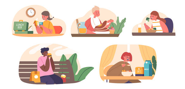 gezeichnete Menschen in unterschiedlichen Essumgebungen