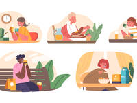 gezeichnete Menschen in unterschiedlichen Essumgebungen