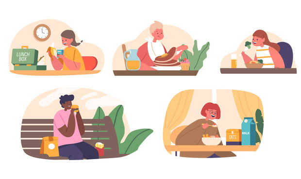 gezeichnete Menschen in unterschiedlichen Essumgebungen