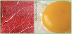 Der Verzehr von rotem und verarbeitetem Fleisch erhöht (möglicherweise) das Schlaganfallrisiko; ein hoher Ei-Konsum kann das Risiko für Hirnblutungen begünstigen. © PaulPaladin/iStock/Getty Images Plus, © Laborer/iStock/Getty Images Plus Rotes Fleisch und Ei, © PaulPaladin/iStock/Getty Images Plus, © Laborer/iStock/Getty Images Plus