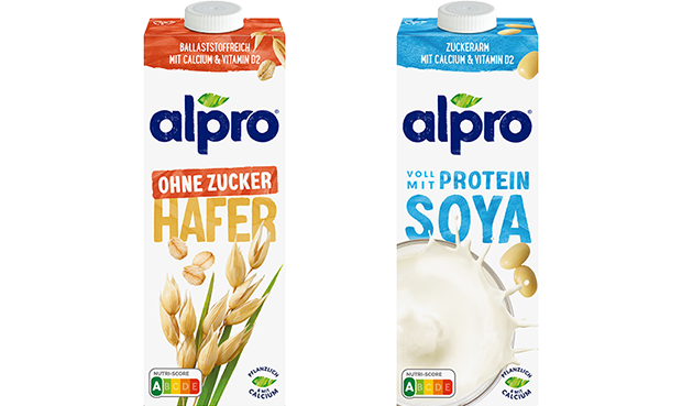 Neues Verpackungsdesign bei Alpro zeigt ernährungsphysiologische Vorteile der Produkte auf einen Blick. Foto: Danone DACH, 2023.
