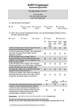 Alcohol Use Disorders Identification Test: Ergänzend zur Exploration können Fragebögen wie dieser eingesetzt werden, um Hinweise auf einen problematischen Alkoholkonsum zu erhalten. © Suchtforschungsverbund BadenWürttemberg, UKL Freiburg