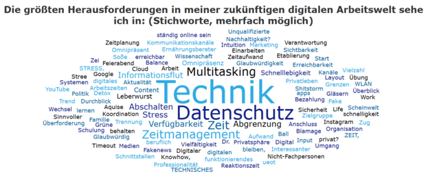 Technik, Datenschutz und Multitasking – die in der Wortwolke dargestellten Antworten der Teilnehmenden fassten beim Warm-up die größten Herausforderungen der digitalen Welt anschaulich zusammen. © mpm Fachmedien