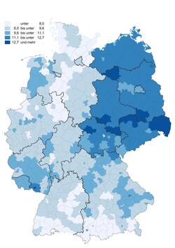 Karte von Deutschland mit dem Mittelwert der standardisierten Prävalenzen des Diabetes mellitus Typ 2 auf Kreisebene 2013–2015. © Goffrier / www.versorgungsatlas.de